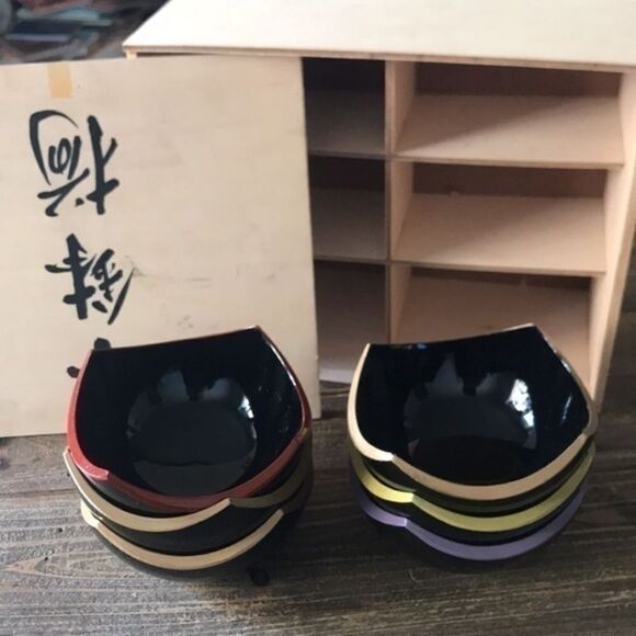 Asian Small Cup Set of 6 black with color trim - Picture 5 of 13